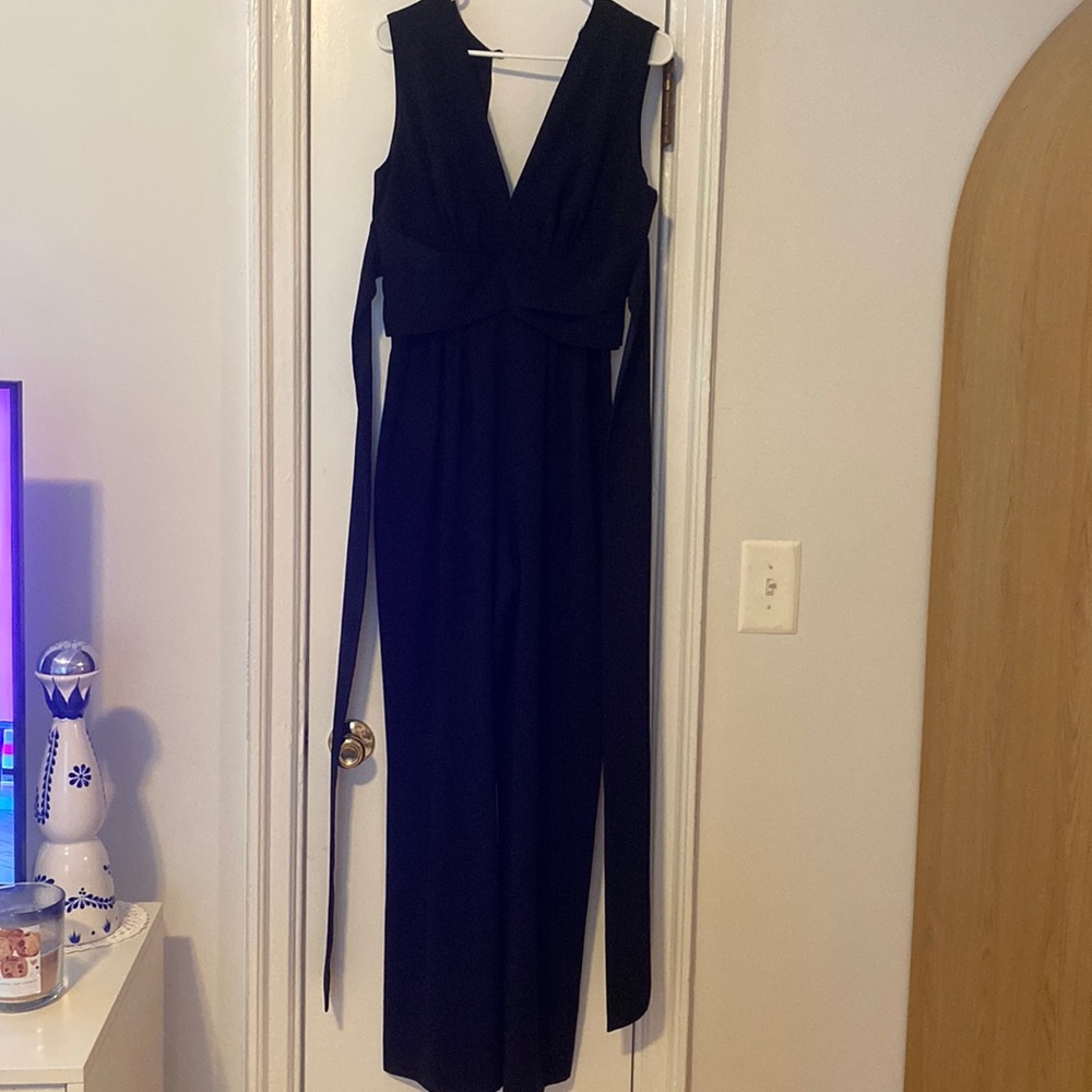 Halston Open back, Silk Tie black jumpsuit